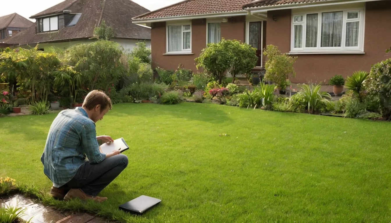 A homeowner photographing a damp yard patch and taking notes for a septic provider