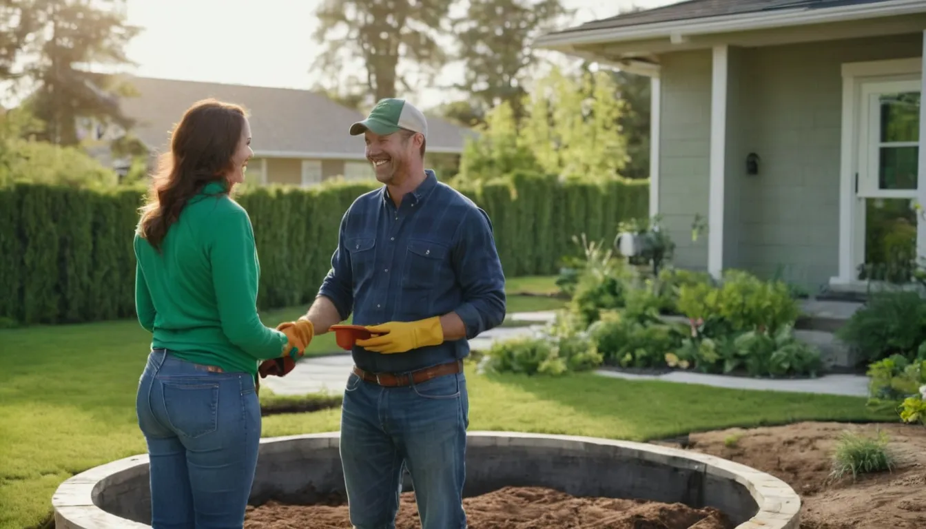 A local septic provider and a smiling homeowner reviewing a yard near the tank access lids in the Rochester Hills area