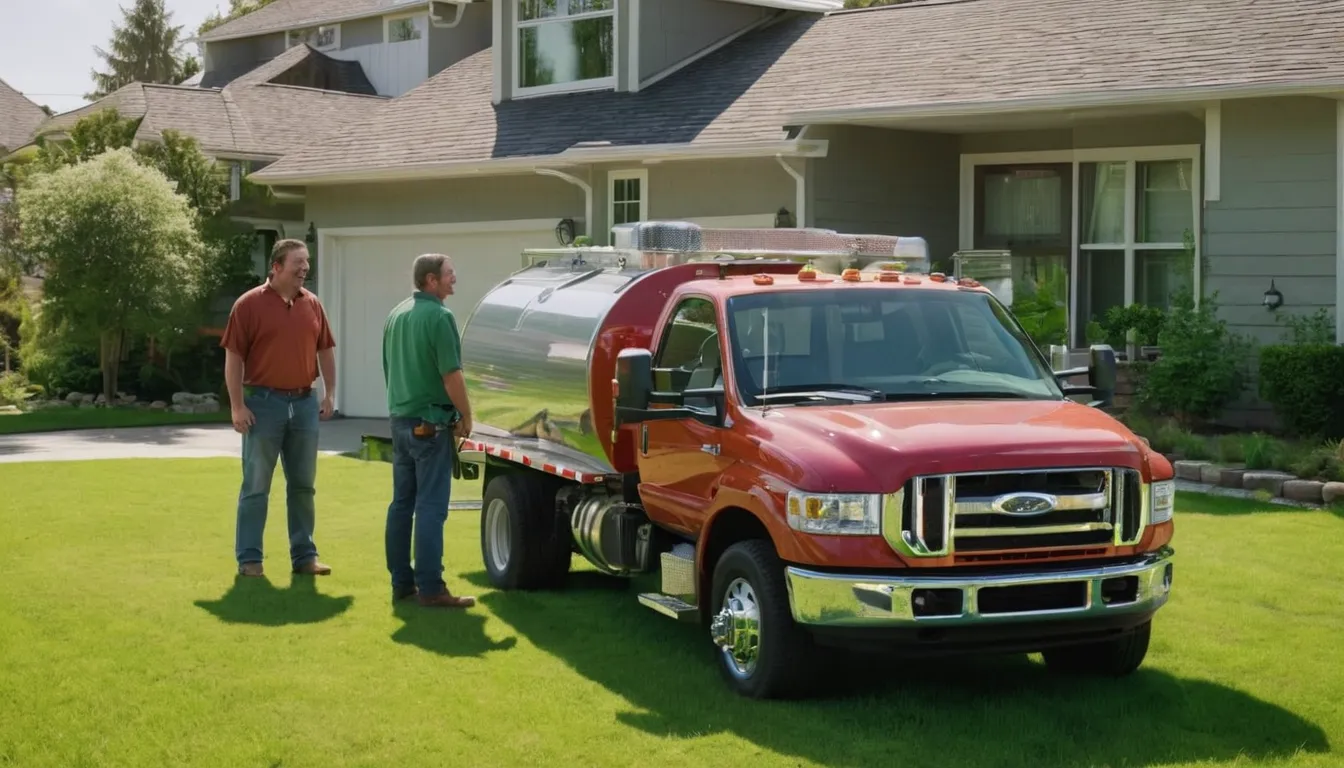 Friendly septic provider working beside a pumper truck at a home in Rochester Hills while the homeowner looks on