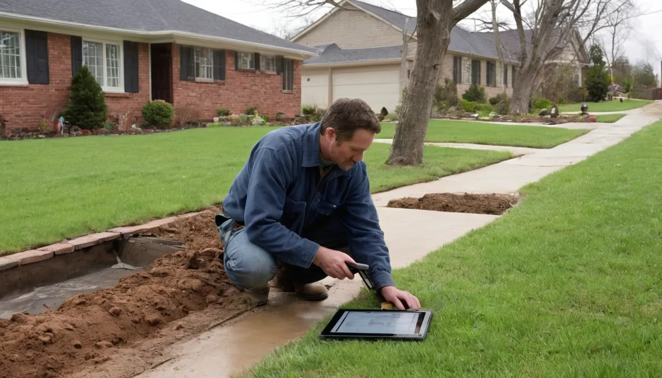 Independent provider reviewing sewer line camera footage with a homeowner in a front yard in Rochester Hills